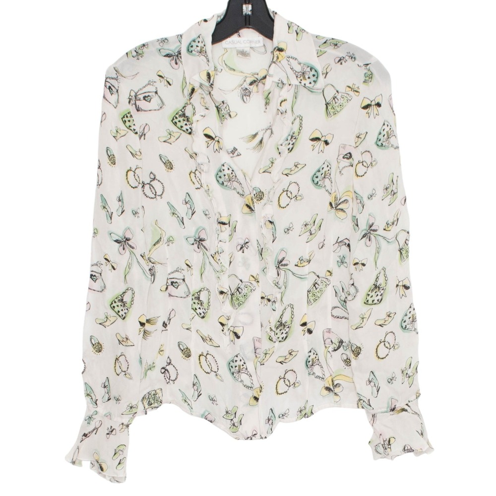 Vintage Silk Top Button Up Novelty Whimsical Artsy Statement Office Preppy 12